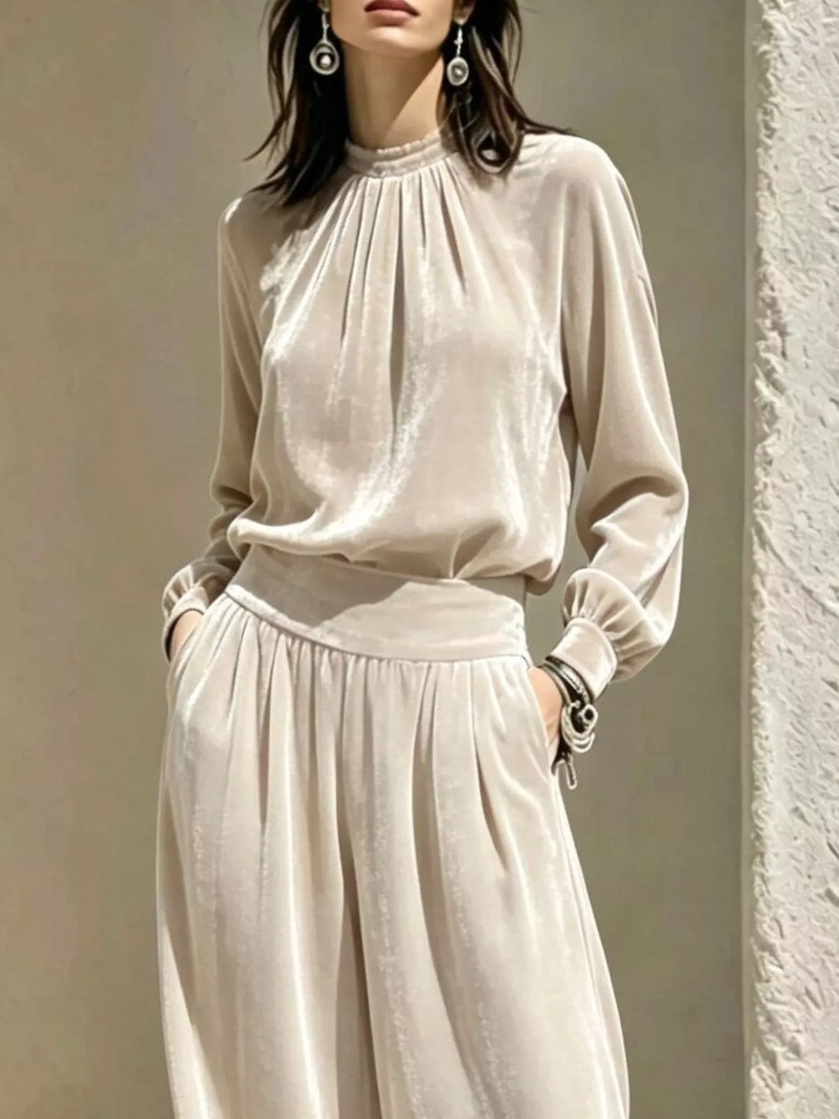 Velvet Mock Neck Long Sleeve Top Wide-leg Pants Set (5)
