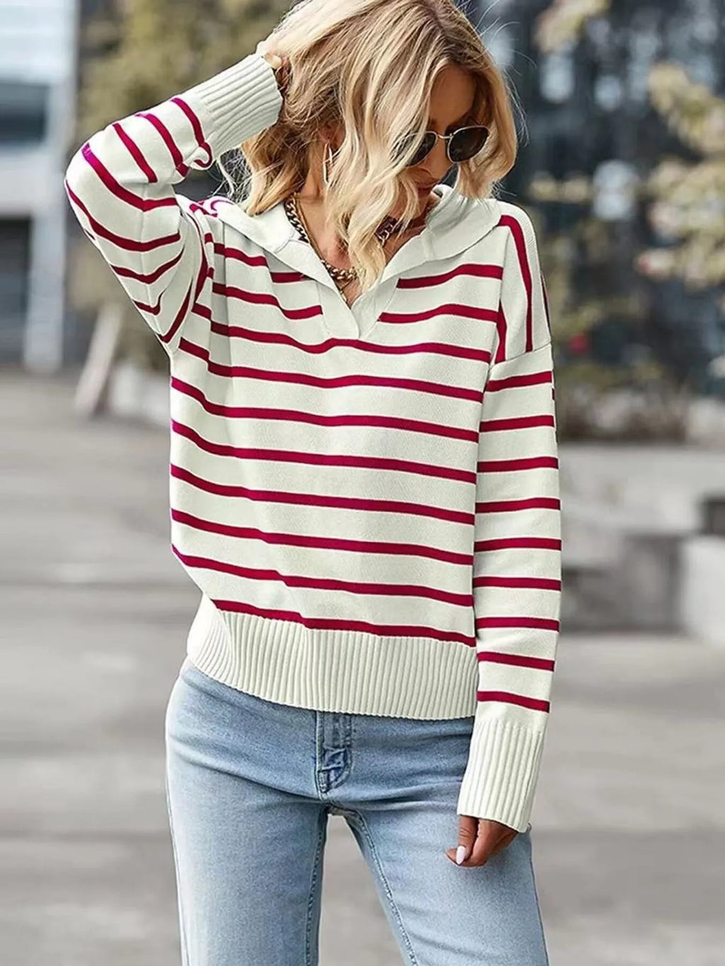Ribbed Hem Long Sleeve Striped Sweater (3)