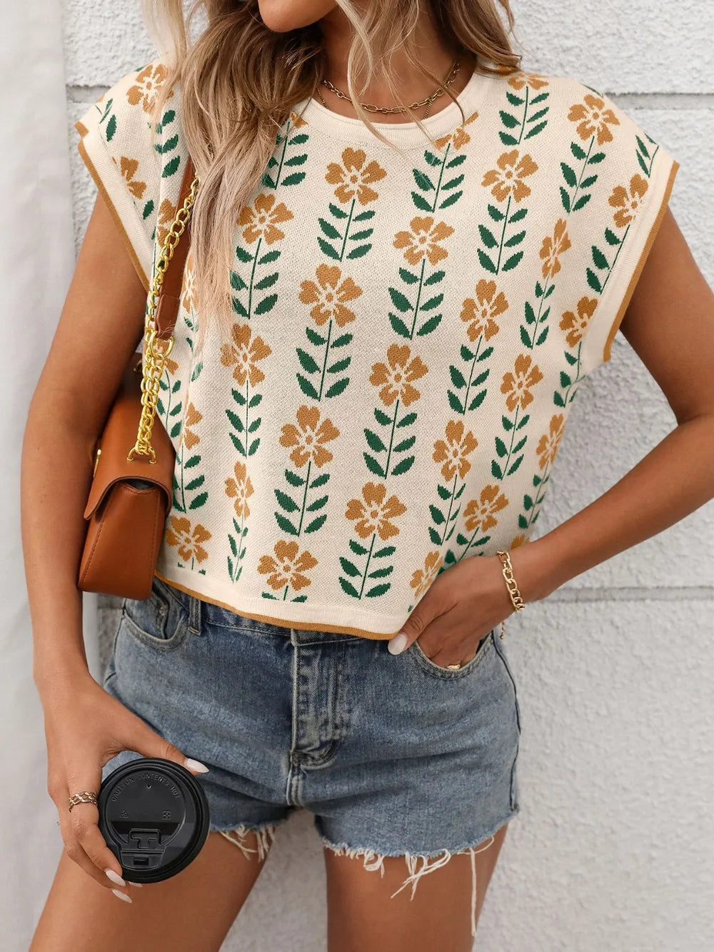 Flower Round Neck Short Sleeve Knit Top (3)