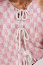 Tied Checkered Dropped Shoulder Flounce Sleeve Cardigan (19)
