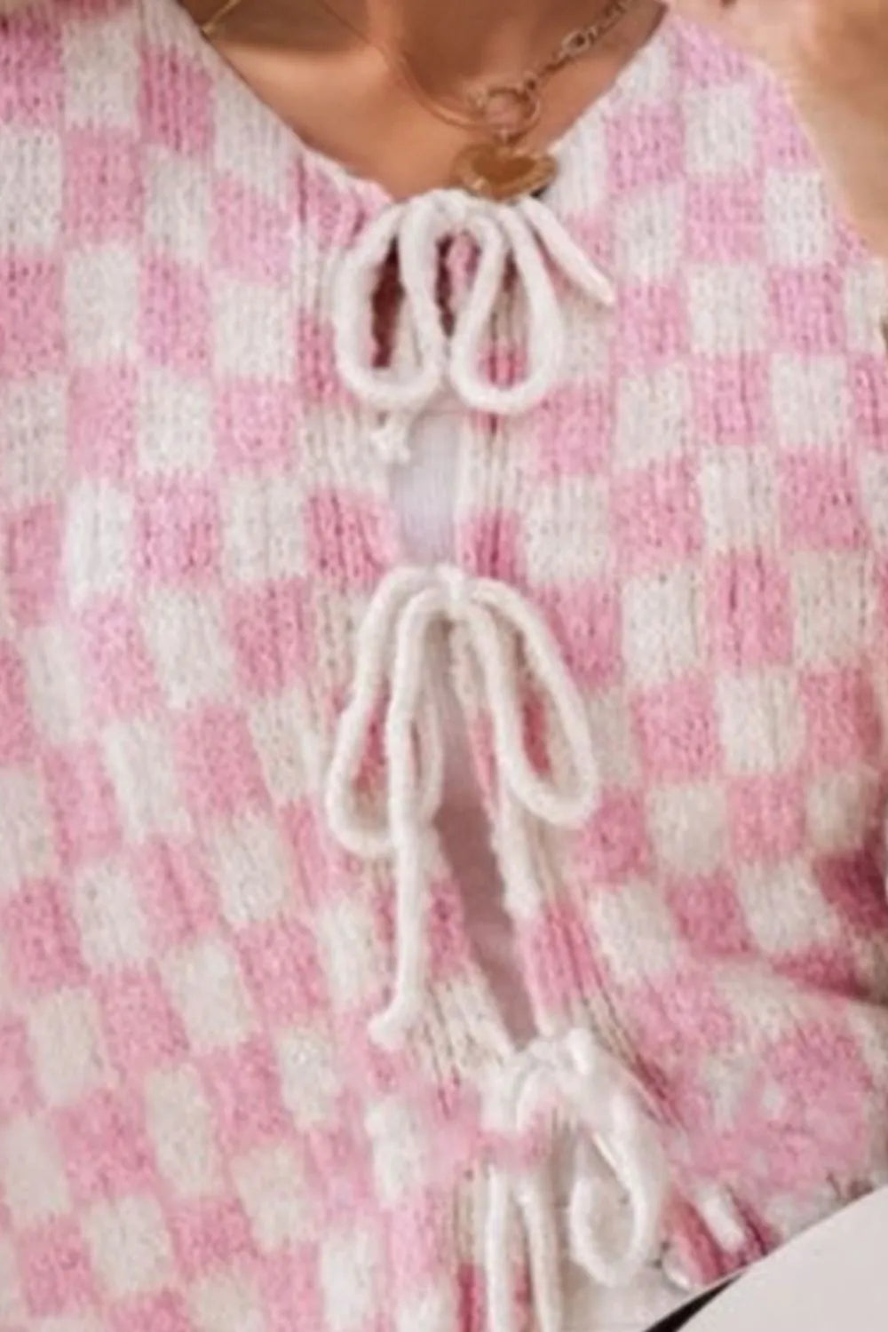 Tied Checkered Dropped Shoulder Flounce Sleeve Cardigan (19)
