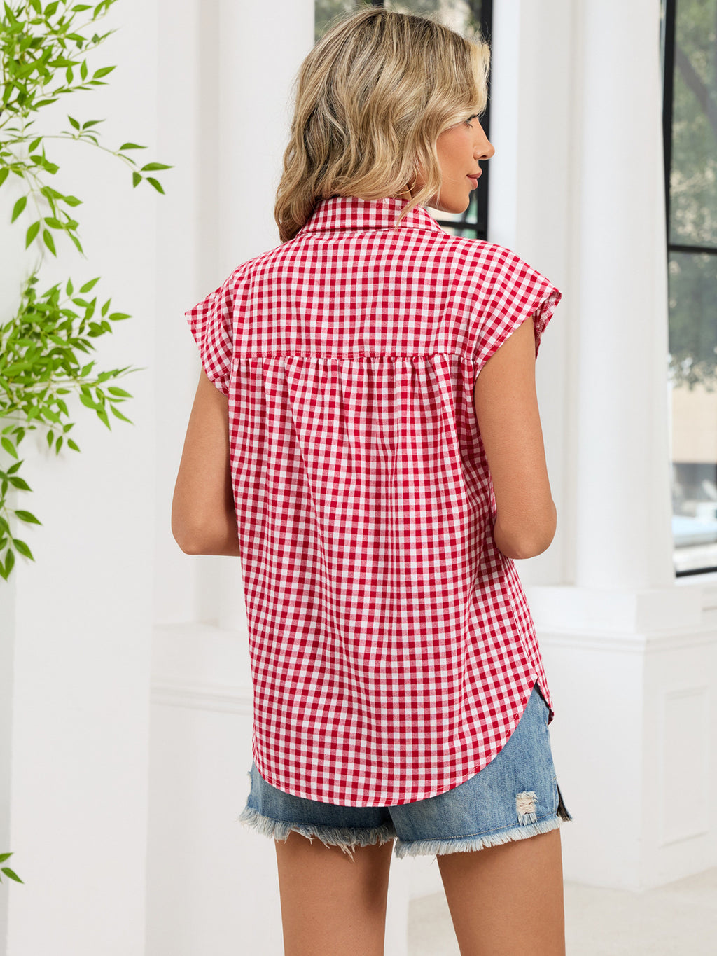 Plaid Button Up Cap Sleeve Shirt (7)