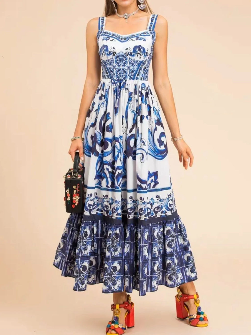 Smocked Printed Wide Strap Dress (3)