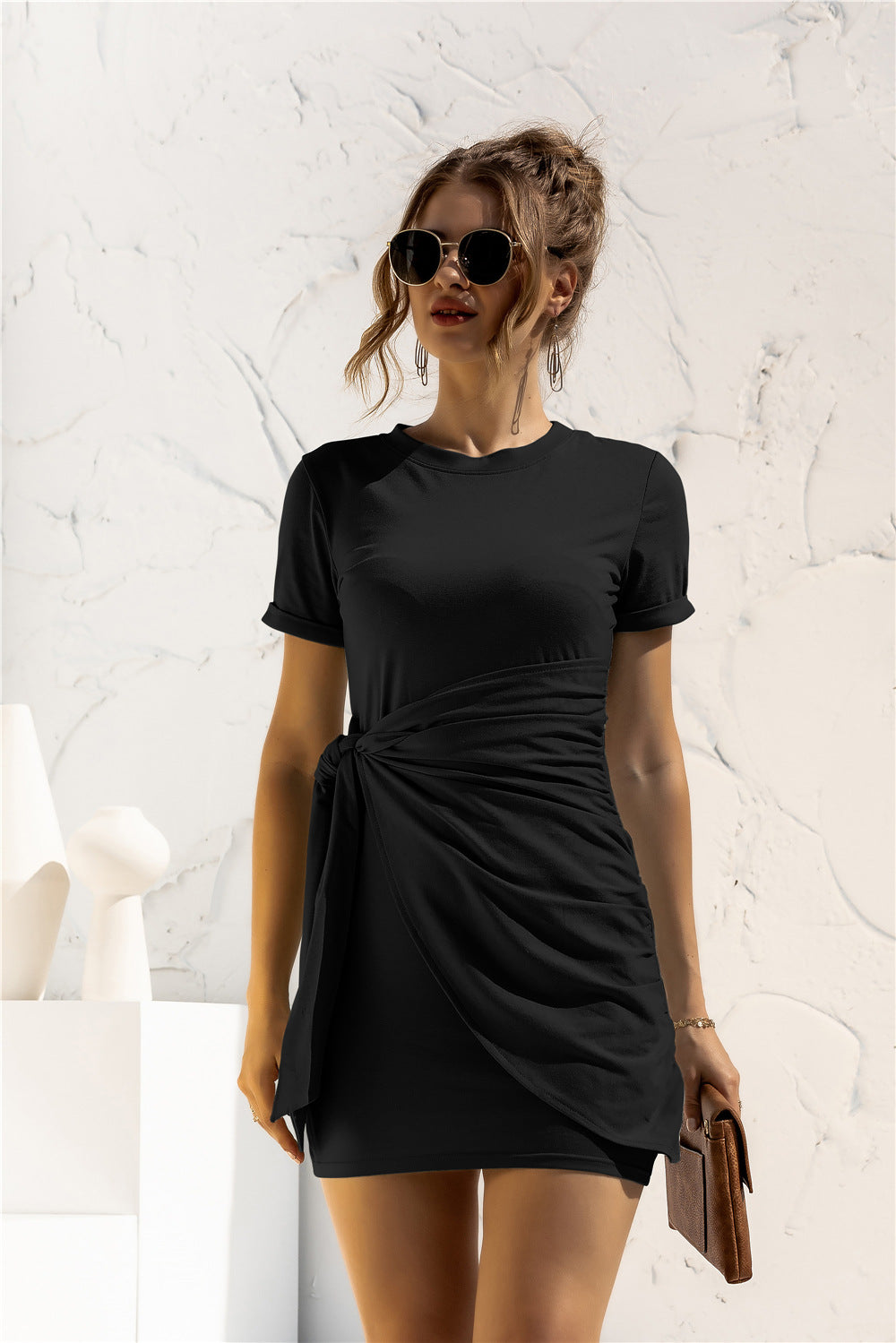Round Neck Cuffed Sleeve Side Tie Dress (15)
