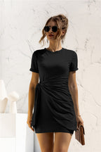 Round Neck Cuffed Sleeve Side Tie Dress (15)