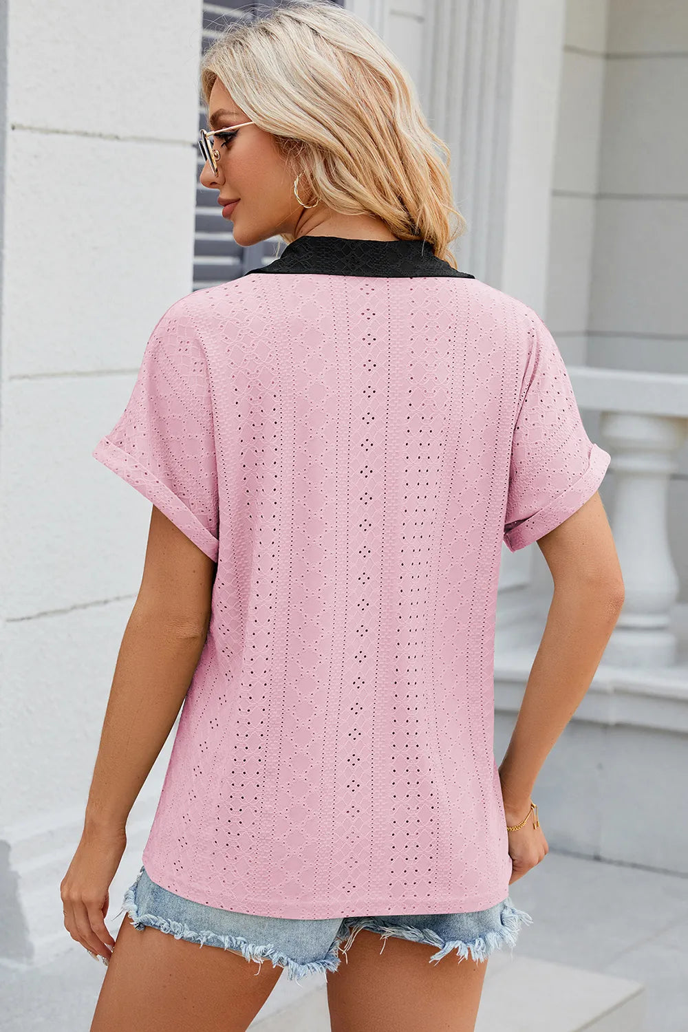 Eyelet Johnny Collar Short Sleeve T-shirt (16)