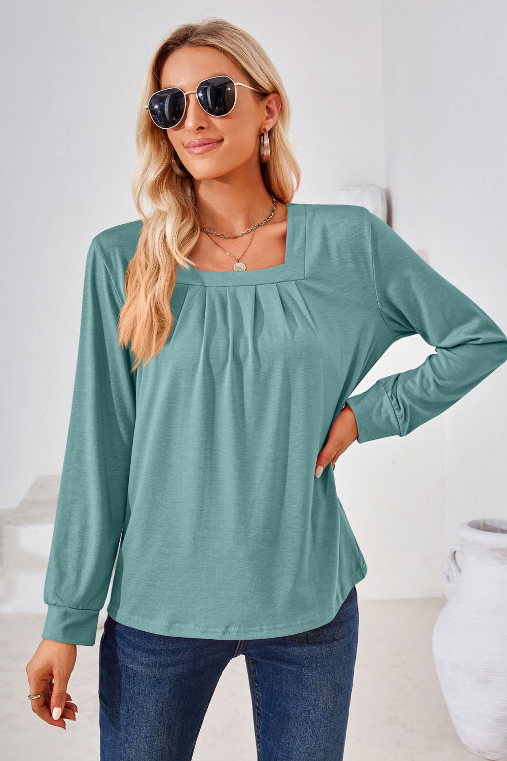 Square Neck Ruched Long Sleeve Blouse (16)