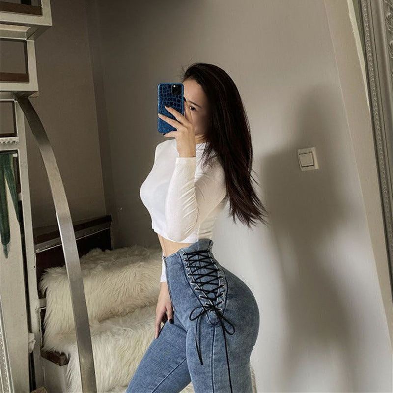 Cross Lace-up Waist-controlled Jeans on Both Sides photo 4