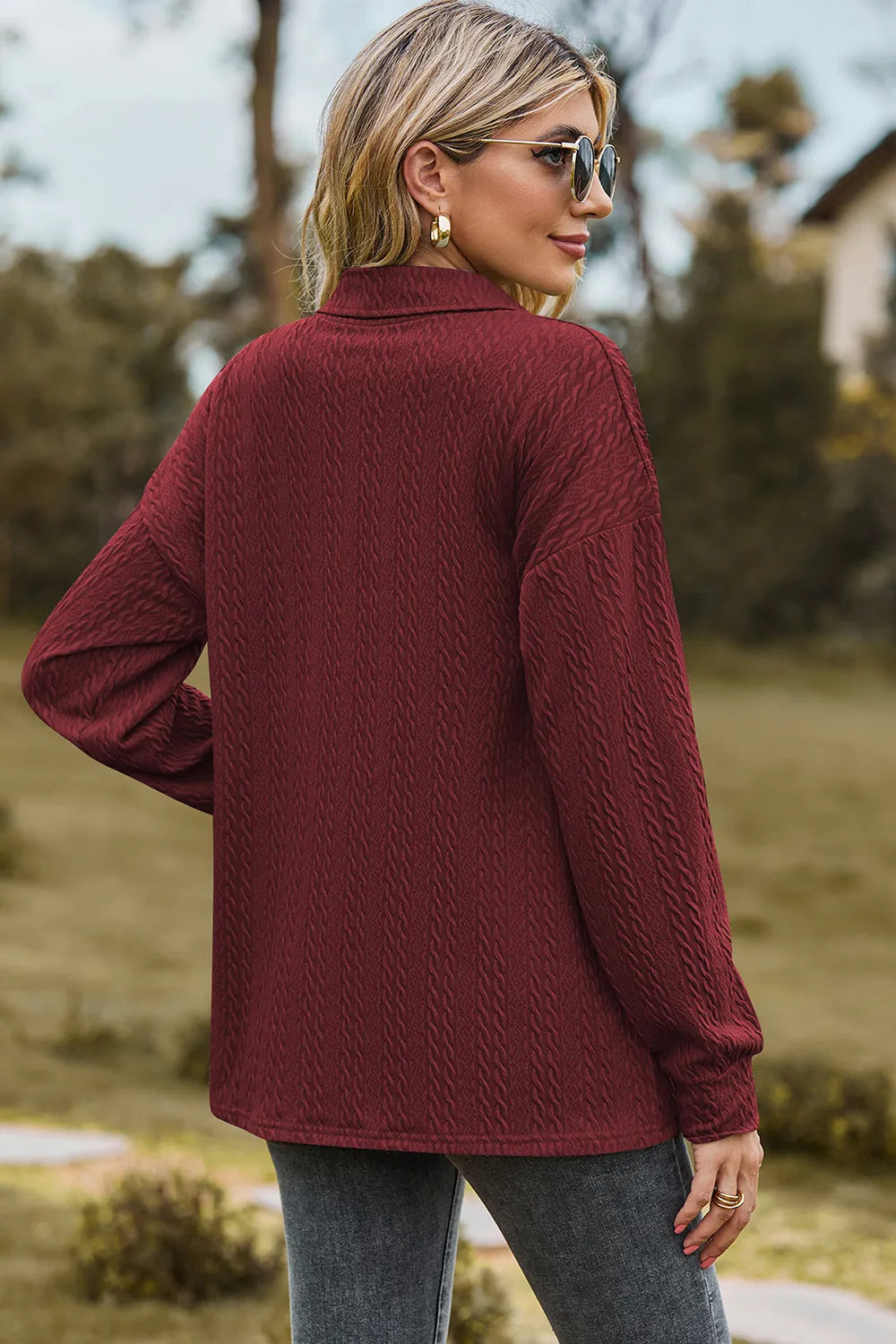 Half Button Dropped Shoulder Blouse (6)