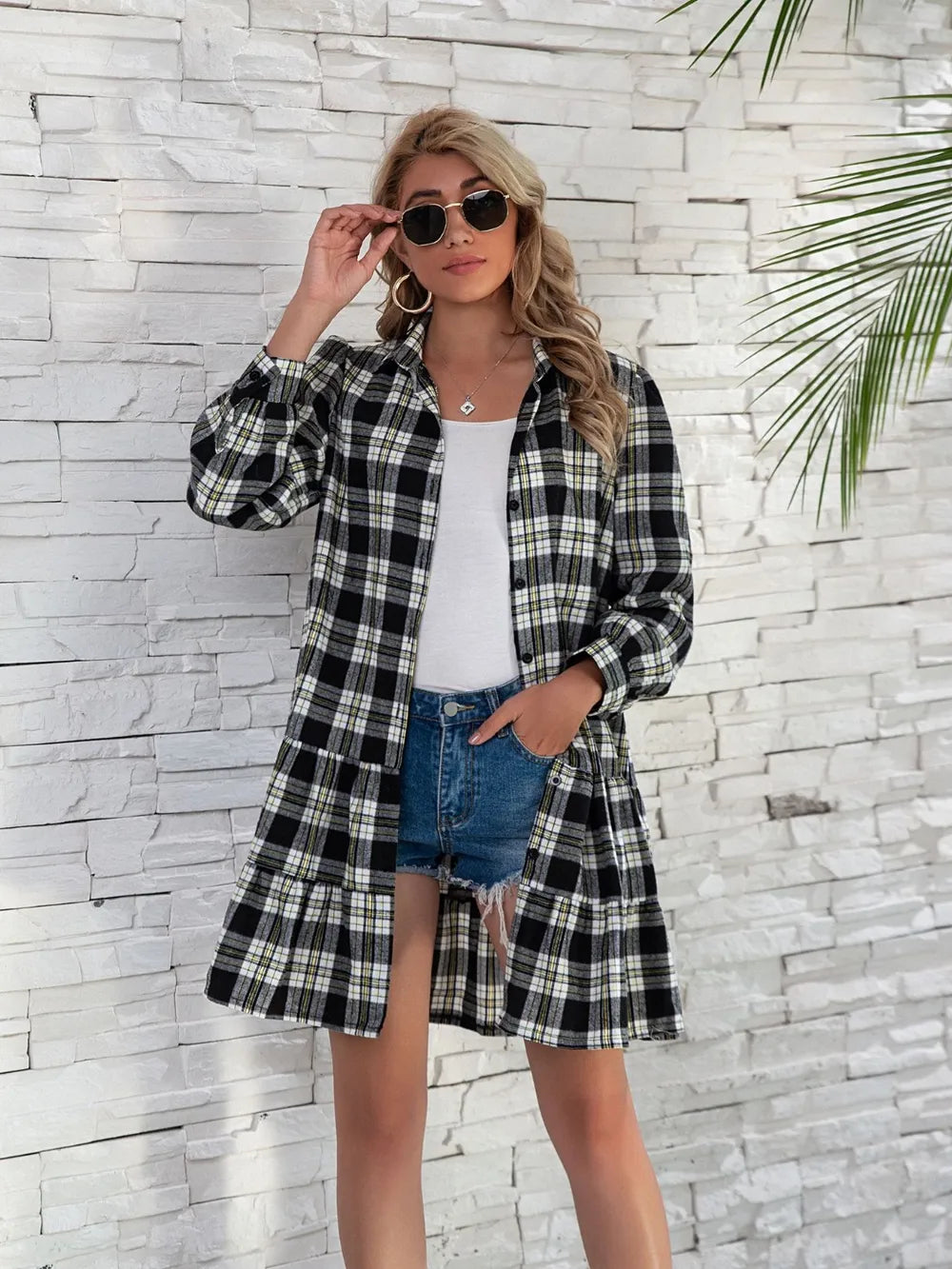 Ruffle Hem Plaid Button Down Long Sleeve Dress (10)