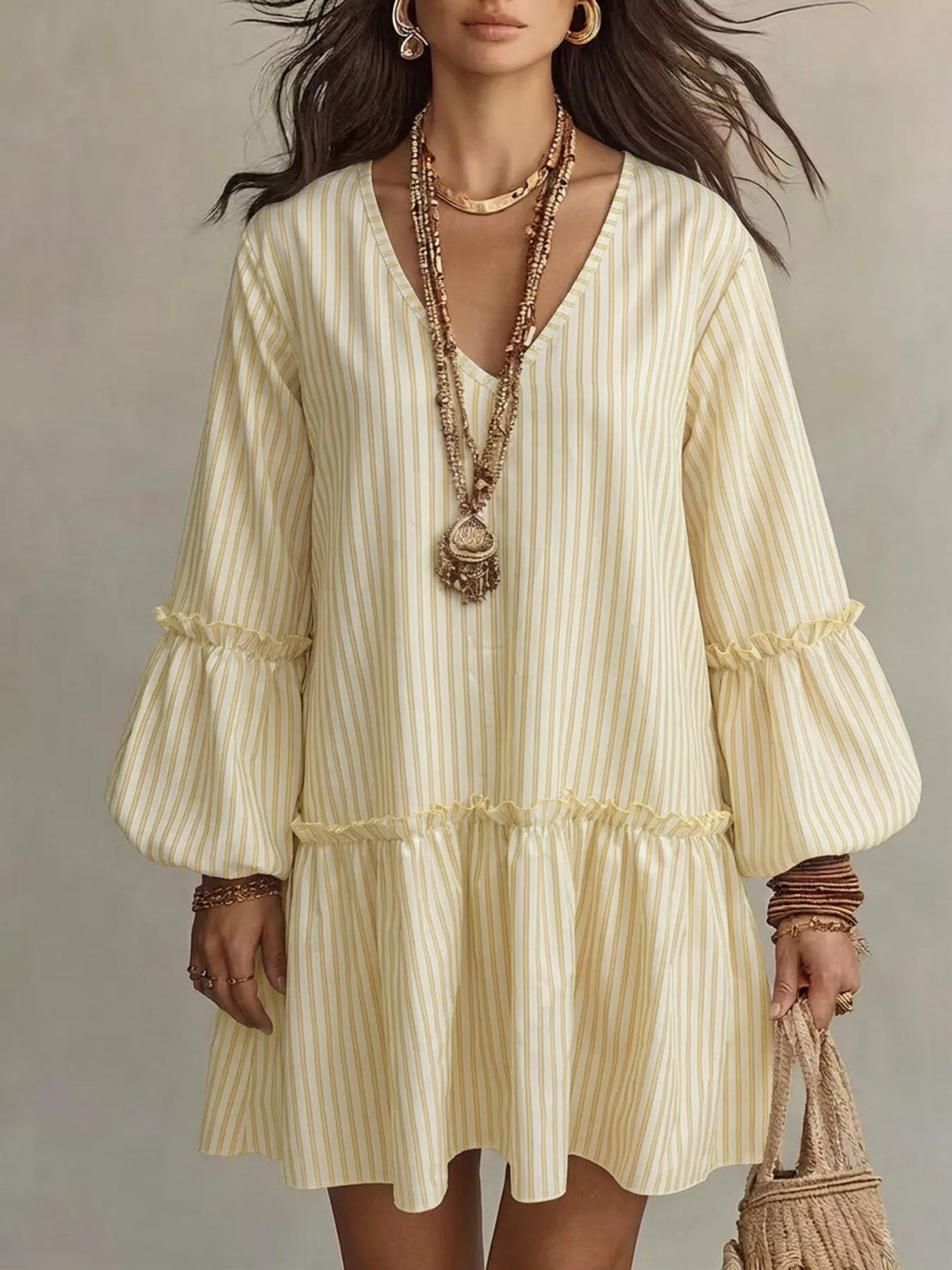 Full Size Striped Balloon Sleeve Mini Dress Plus (3)