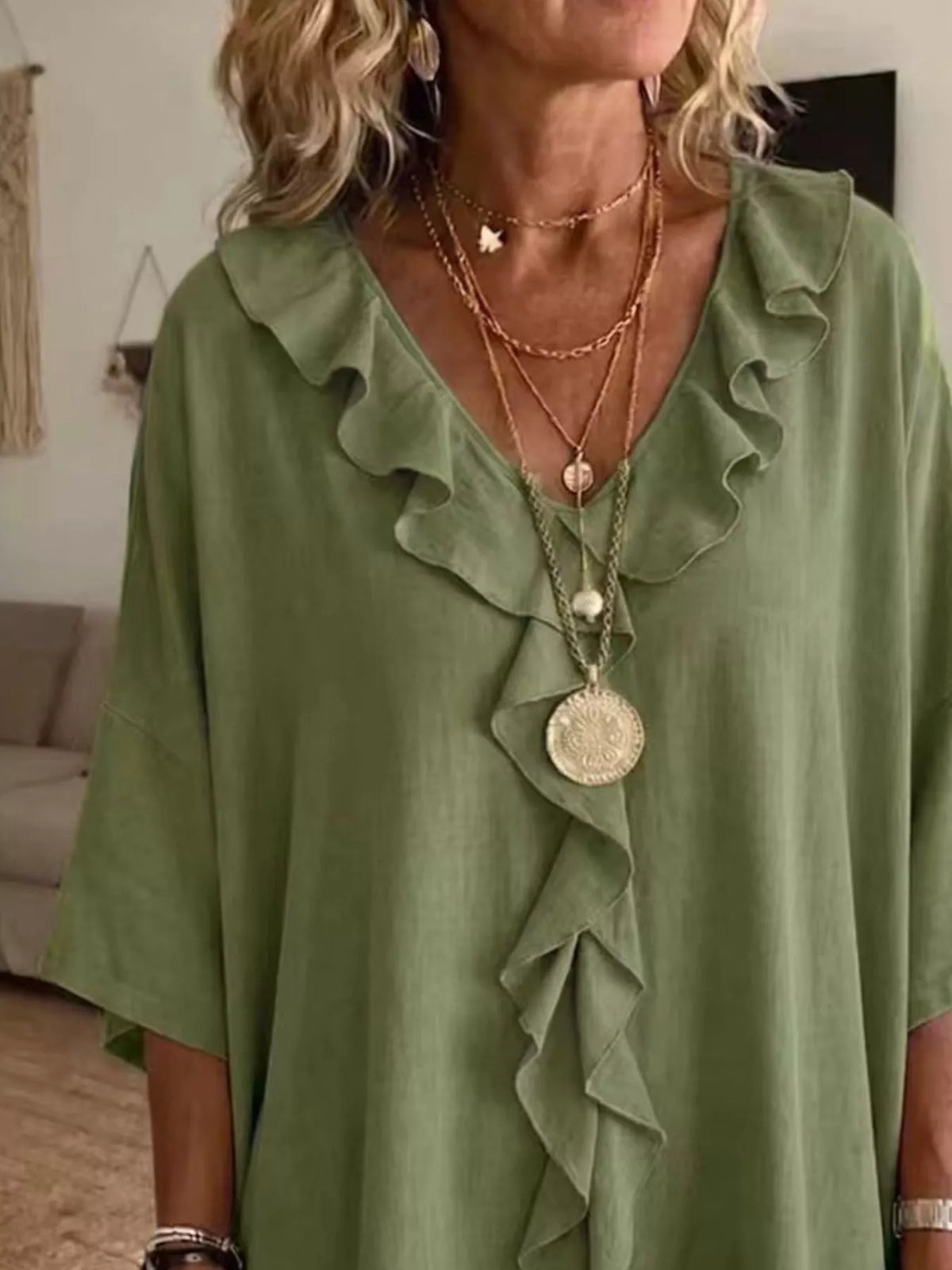 Full Size Ruffle V-neck 3/4 Sleeve Blouse Plus (4)