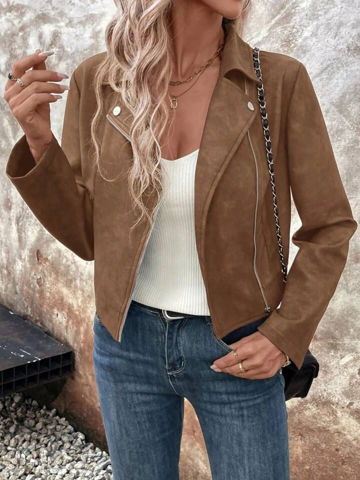 Zip Up Suede Cropped Moto Jacket (7)