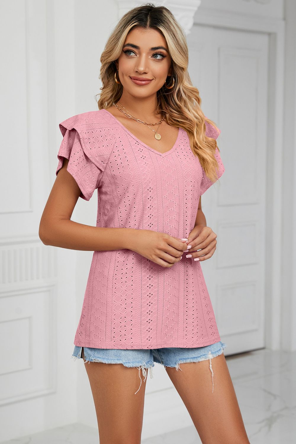Eyelet Layered Flutter Sleeve V-neck Knit Top (17)
