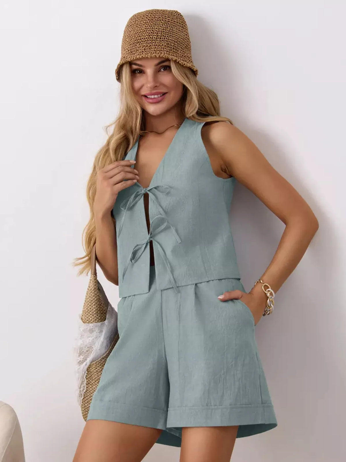 Tie-front Sleeveless Top Shorts Set (7)
