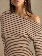 Off-shoulder Striped Ribbed Long Sleeve T-shirt (14)