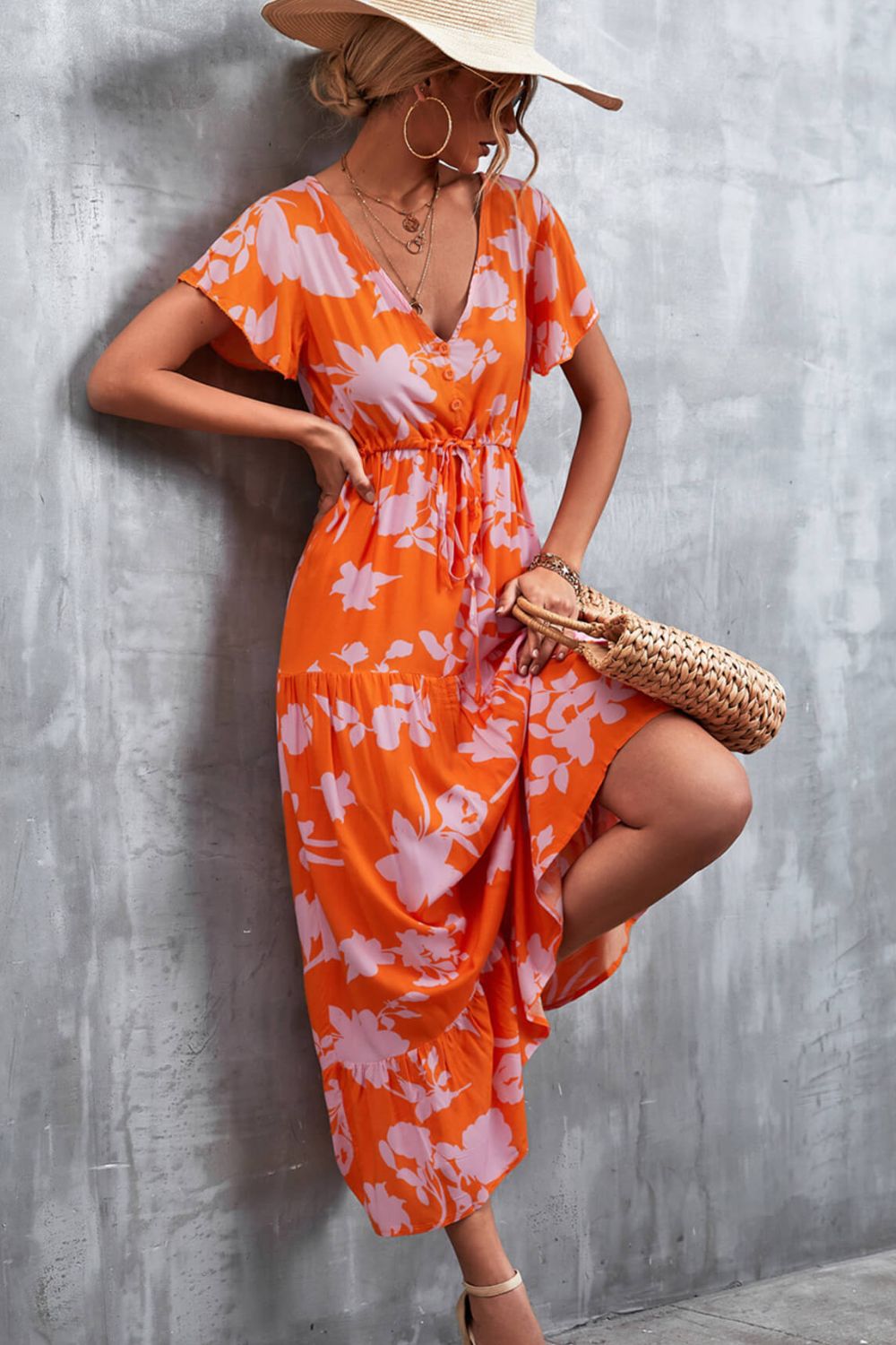 Floral Buttoned Drawstring Waist Tiered Dress (6)