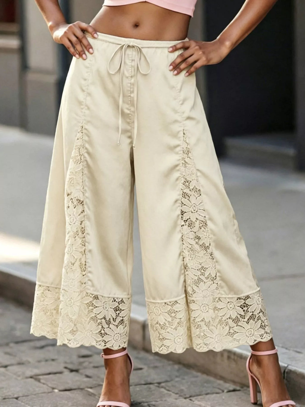 Lace Trim Wide-leg Cropped Pants (33)
