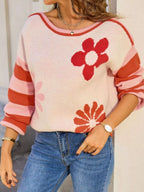 Floral Striped Sleeve Round Neck Sweater (3)
