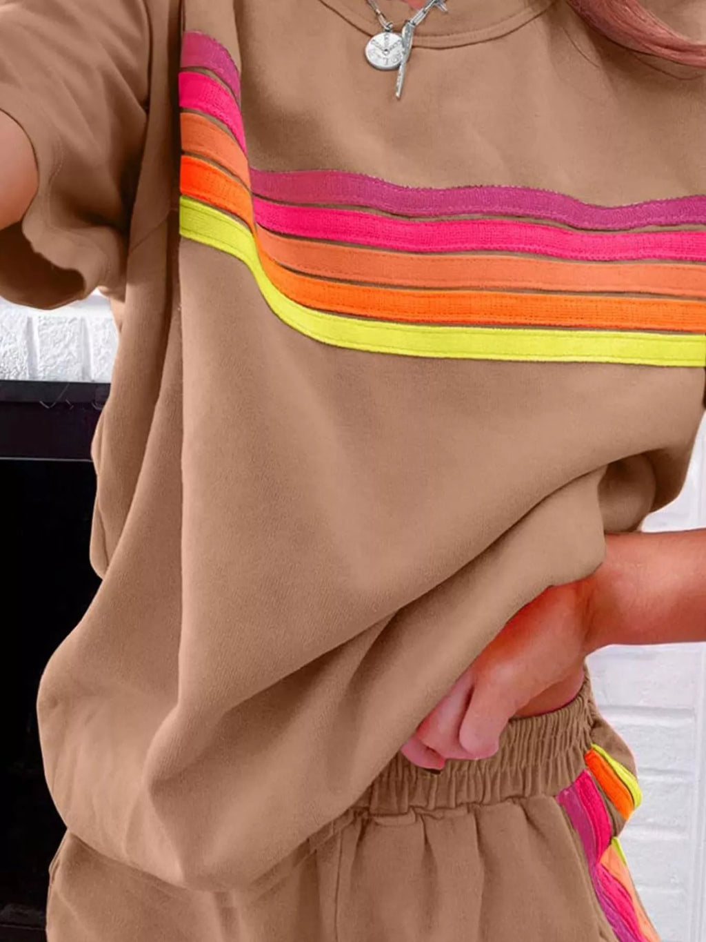 Rainbow Striped Round Neck Top Shorts Set (9)