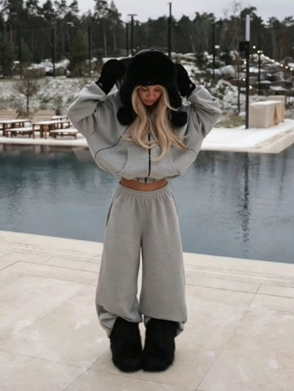 Cropped Zip-up Hoodie Wide-leg Sweatpants Lounge Set (22)
