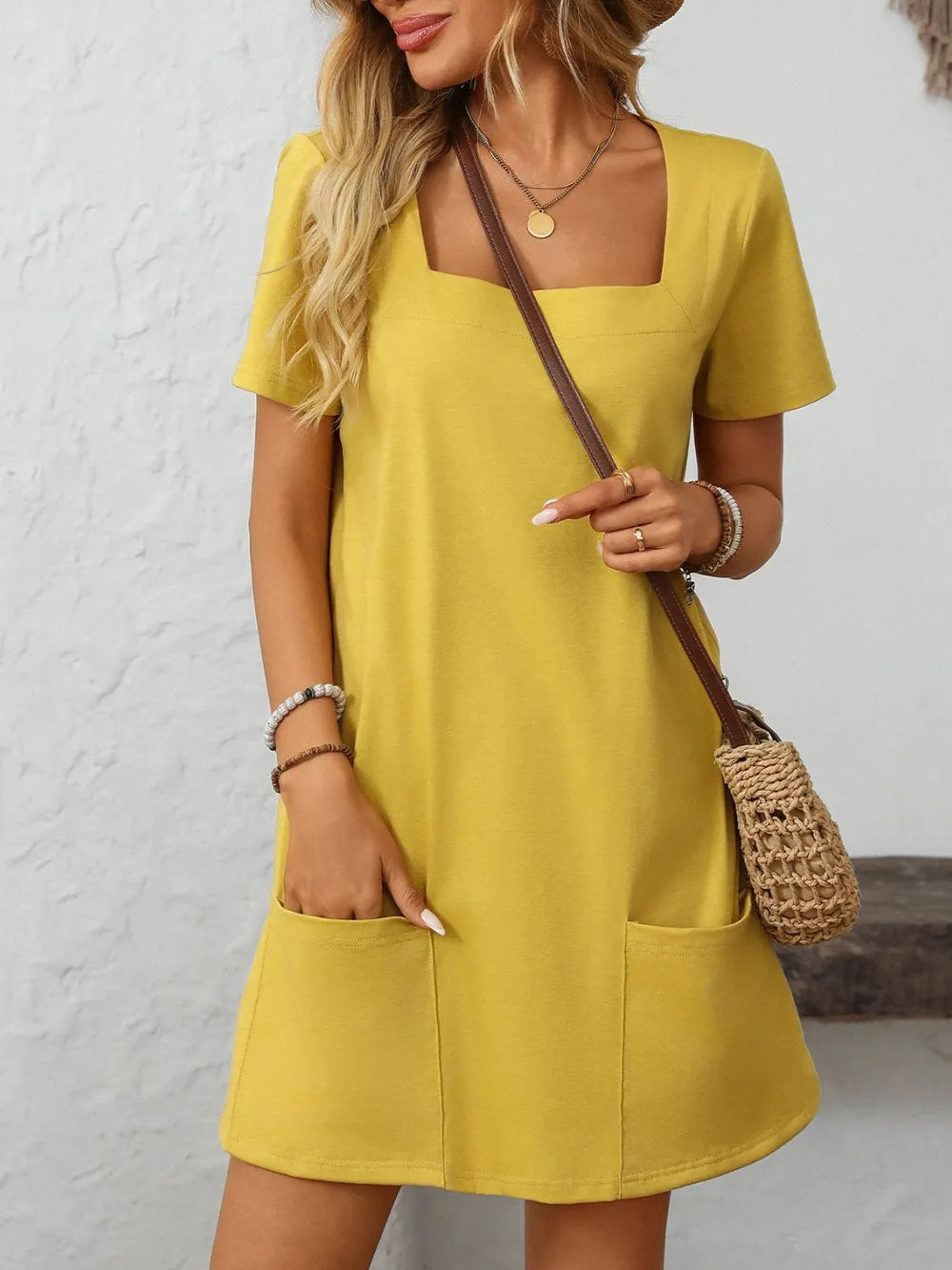 Square Neck Short Sleeve Mini Dress (4)