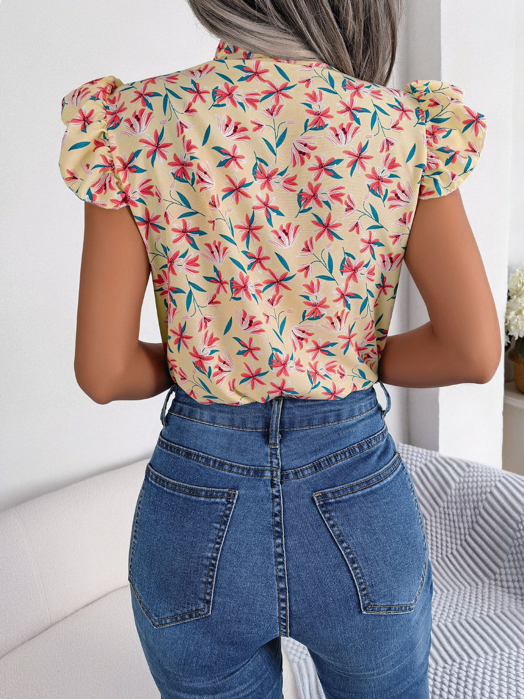 Floral Tie Neck Flutter Sleeve Blouse (2)