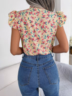 Floral Tie Neck Flutter Sleeve Blouse (2)