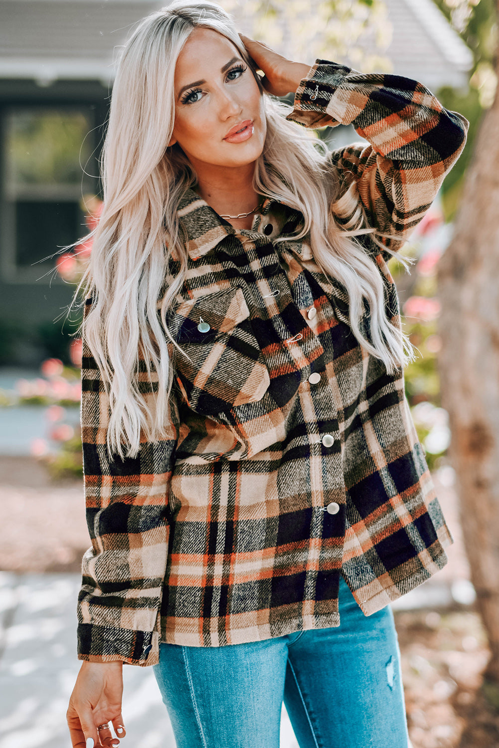 Plaid Button Front Shirt Jacket Breast Pockets (18)