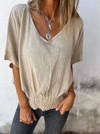 Full Size Smocked Hem V-neck Relaxed Fit T-shirt Plus (8)
