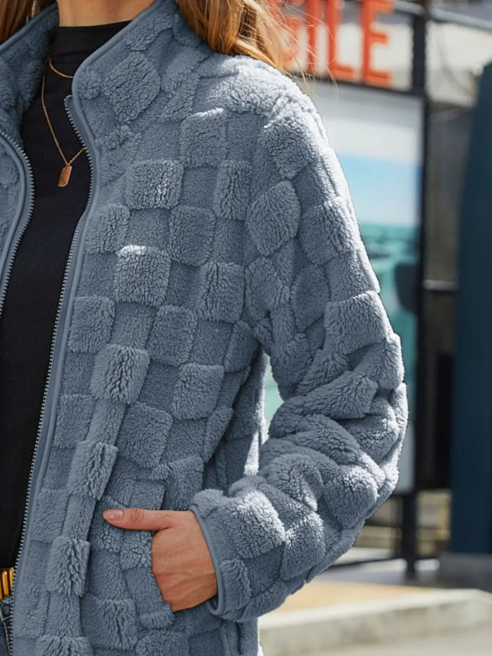 Fuzzy Checkered Zip Up Jacket (16)