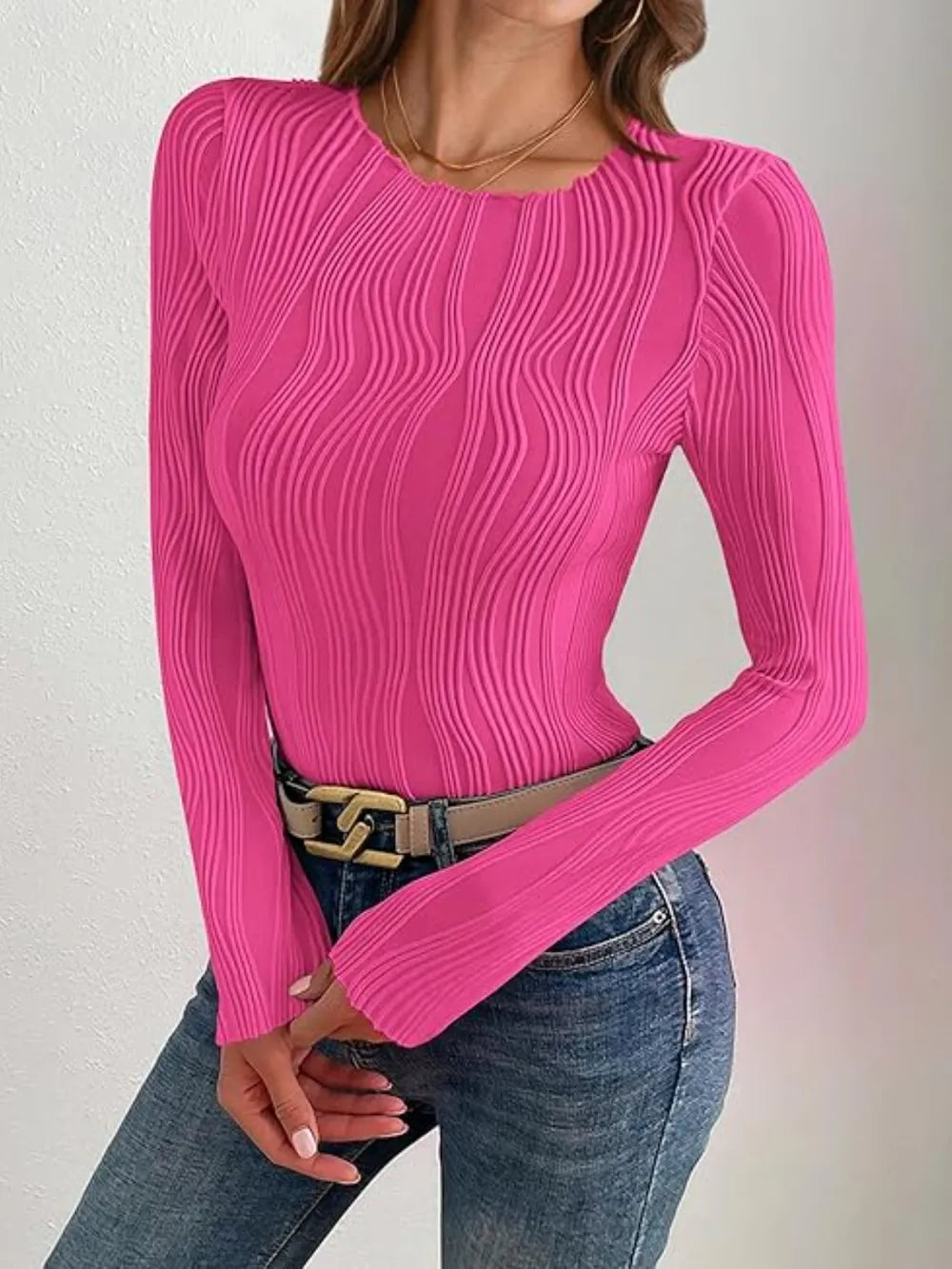 Textured Round Neck Long Sleeve Top (3)