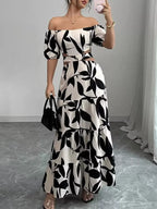 Off-shoulder Cutout Leaf Print Maxi Dress (2)