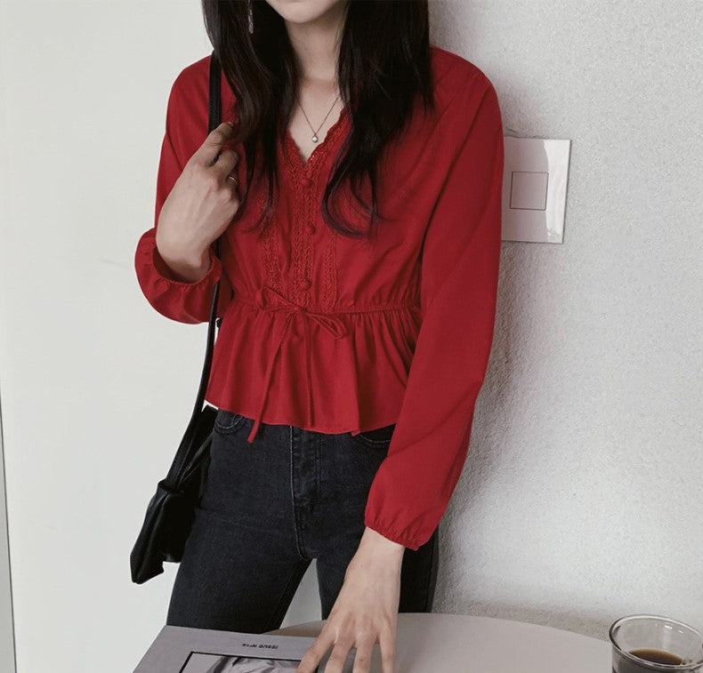 Shintimes V-neck White Blouse Sashes Casual Clothes photo 3