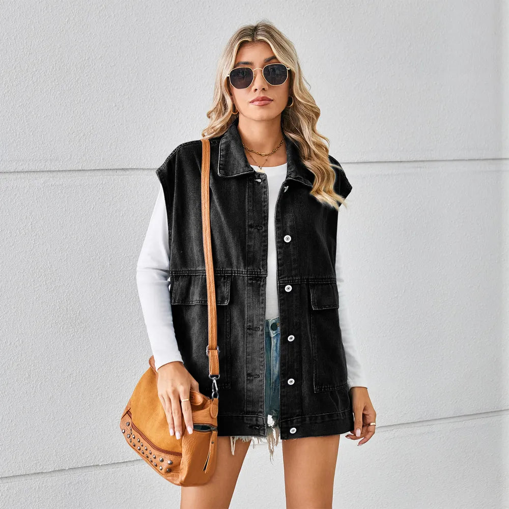 Pocketed Button Up Sleeveless Denim Jacket (16)