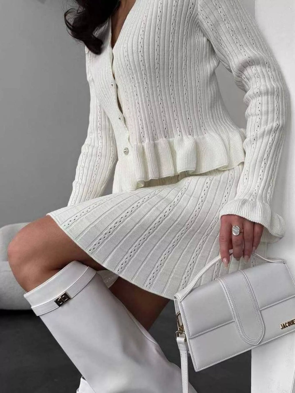 Ruffle Trim Knit Cardigan Skirt Set (9)