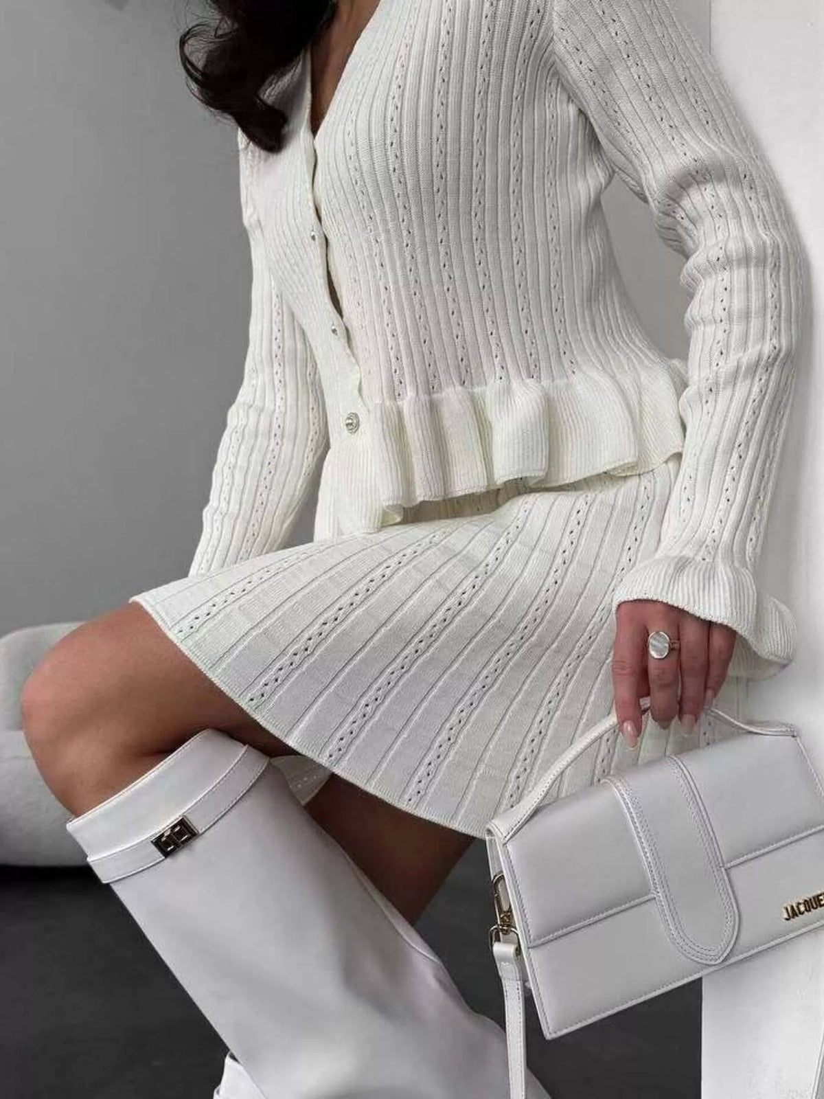 Ruffle Trim Knit Cardigan Skirt Set (9)