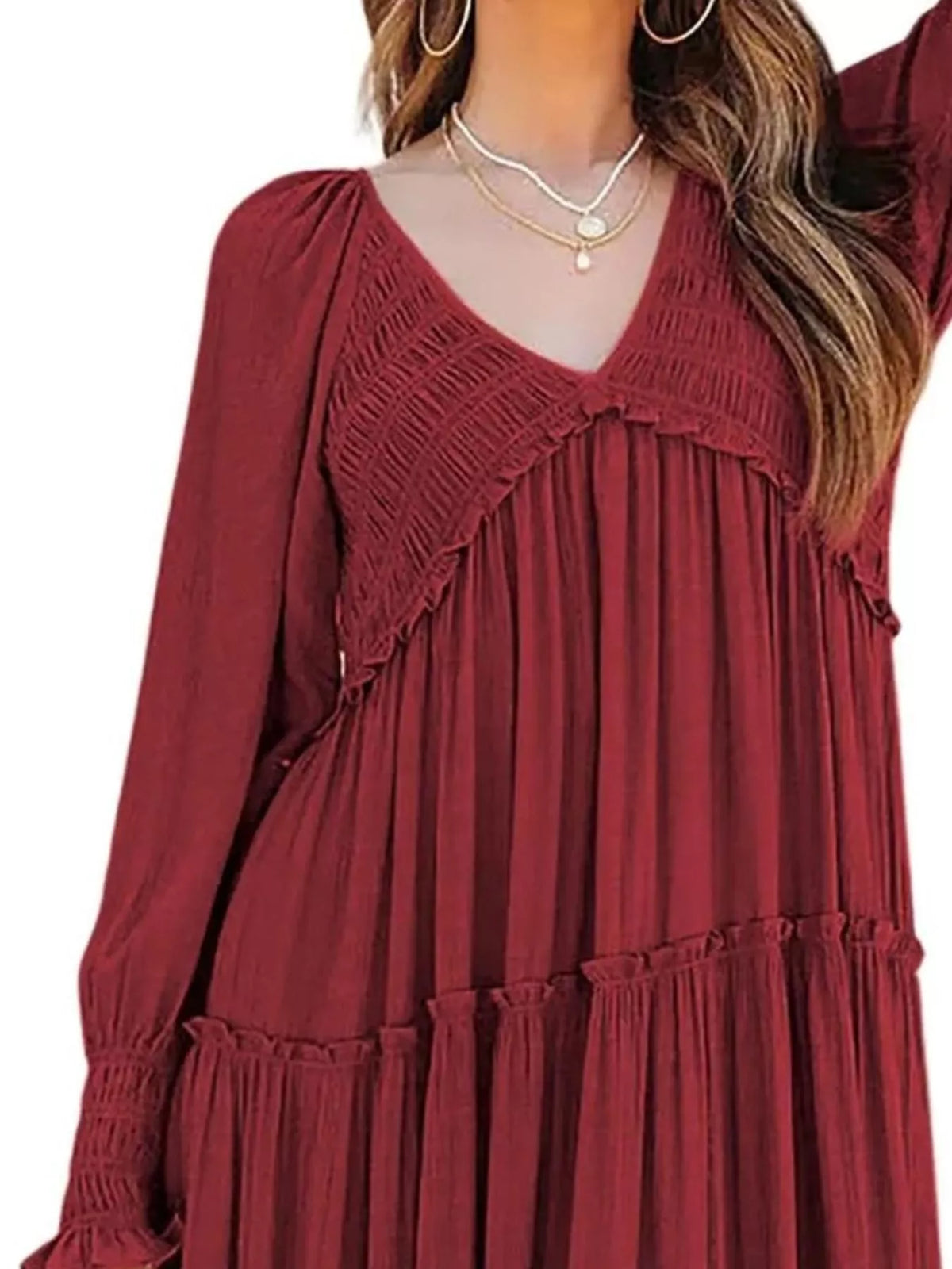 V-neck Long Sleeve Tiered Maxi Dress (19)