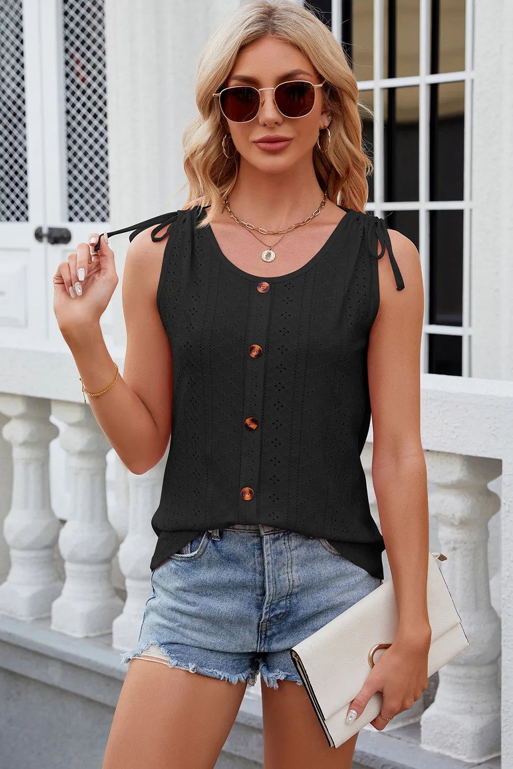 Eyelet Round Neck Wide Strap Tank (15)