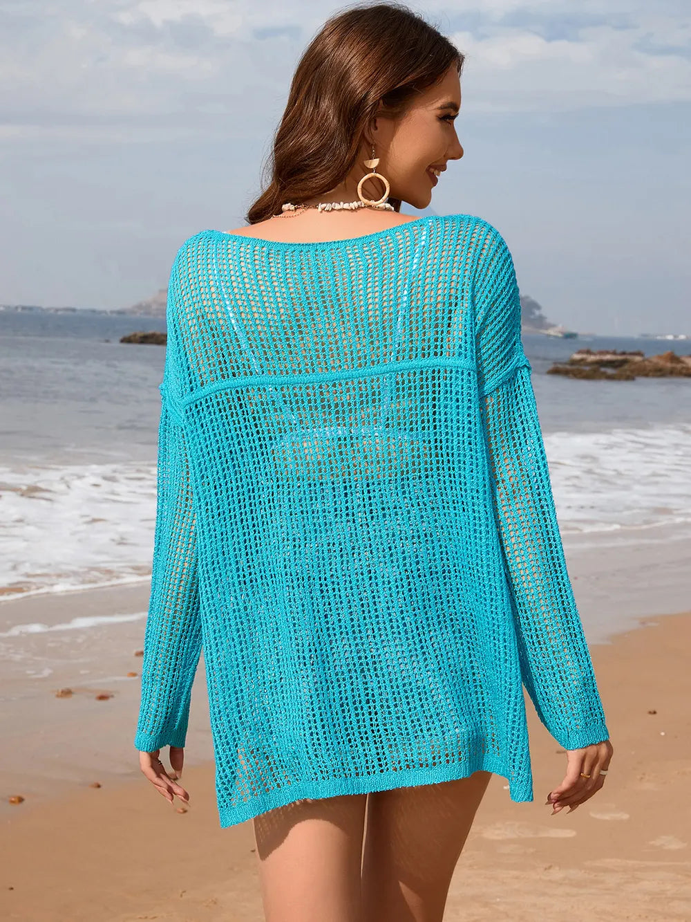 Openwork Slit Boat Neck Long Sleeve Cover-up (2)