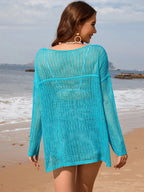 Openwork Slit Boat Neck Long Sleeve Cover-up (2)
