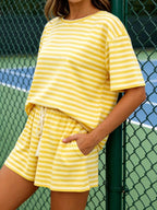 Striped Short Sleeve Tee Drawstring Shorts Set (4)