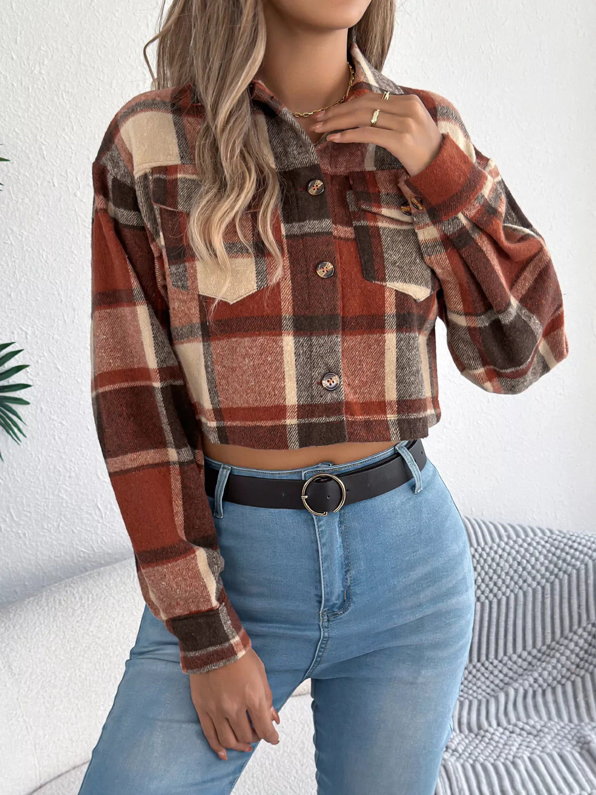 Plaid Button Up Cropped Jacket (7)