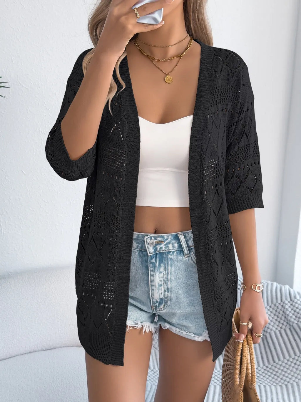 Openwork Open Front Half Sleeve Cardigan (11)