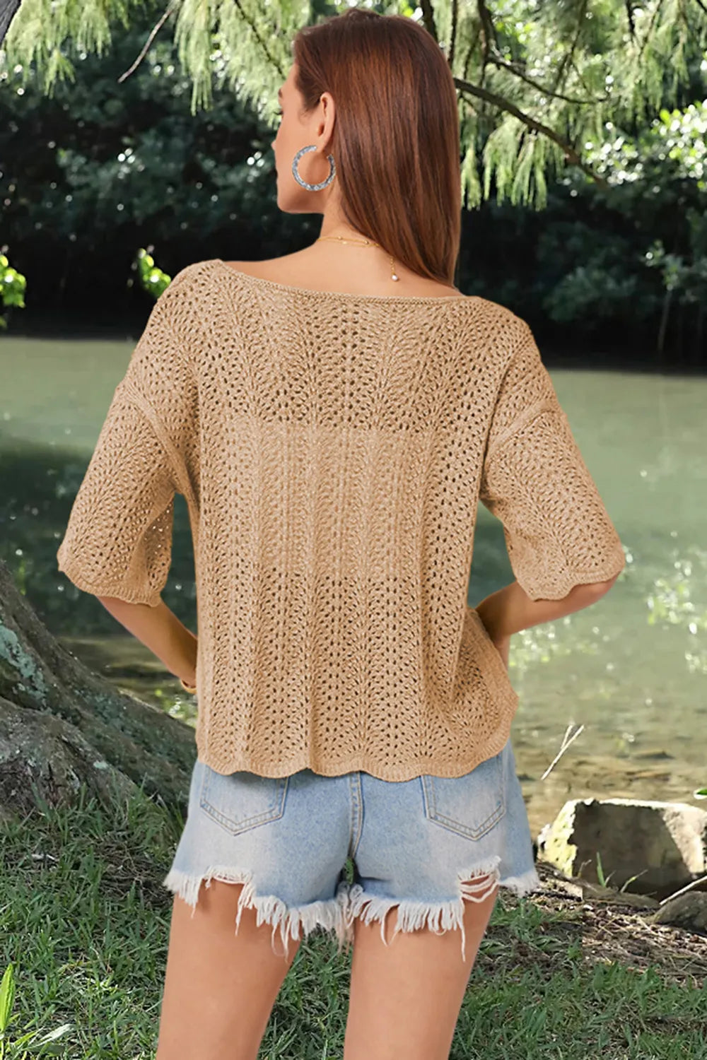 Openwork Round Neck Half Sleeve Knit Top (2)