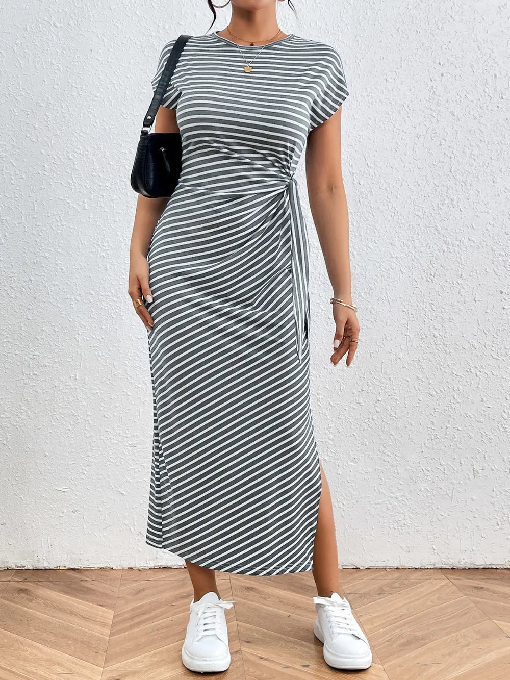 Tied Striped Round Neck Short Sleeve Tee Dress (5)