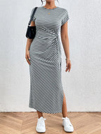 Tied Striped Round Neck Short Sleeve Tee Dress (5)