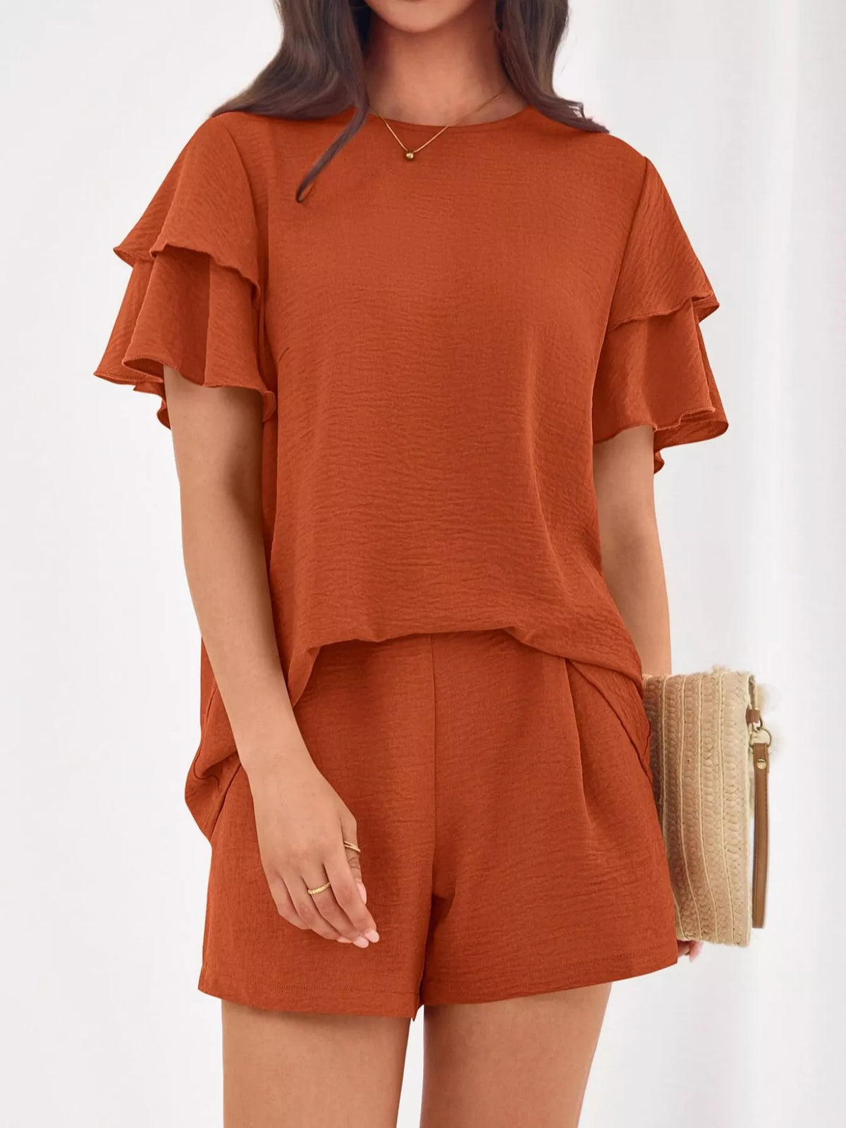 Ruffle Sleeve Top Shorts Two-piece Set (6)