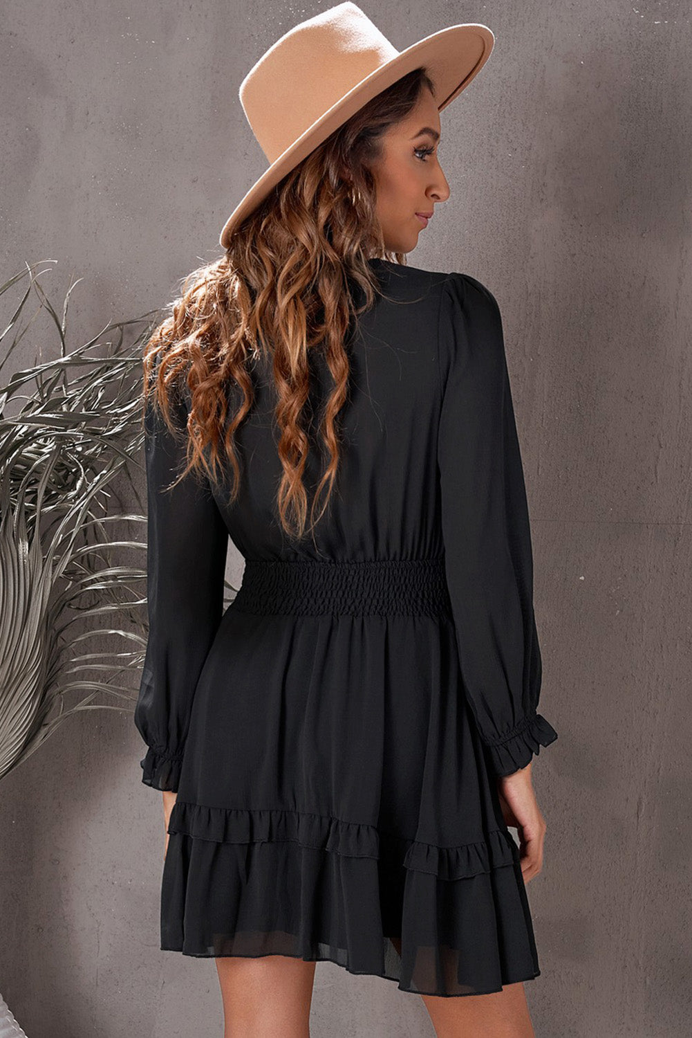 Tied Plunge Smocked Waist Flounce Sleeve Dress (7)