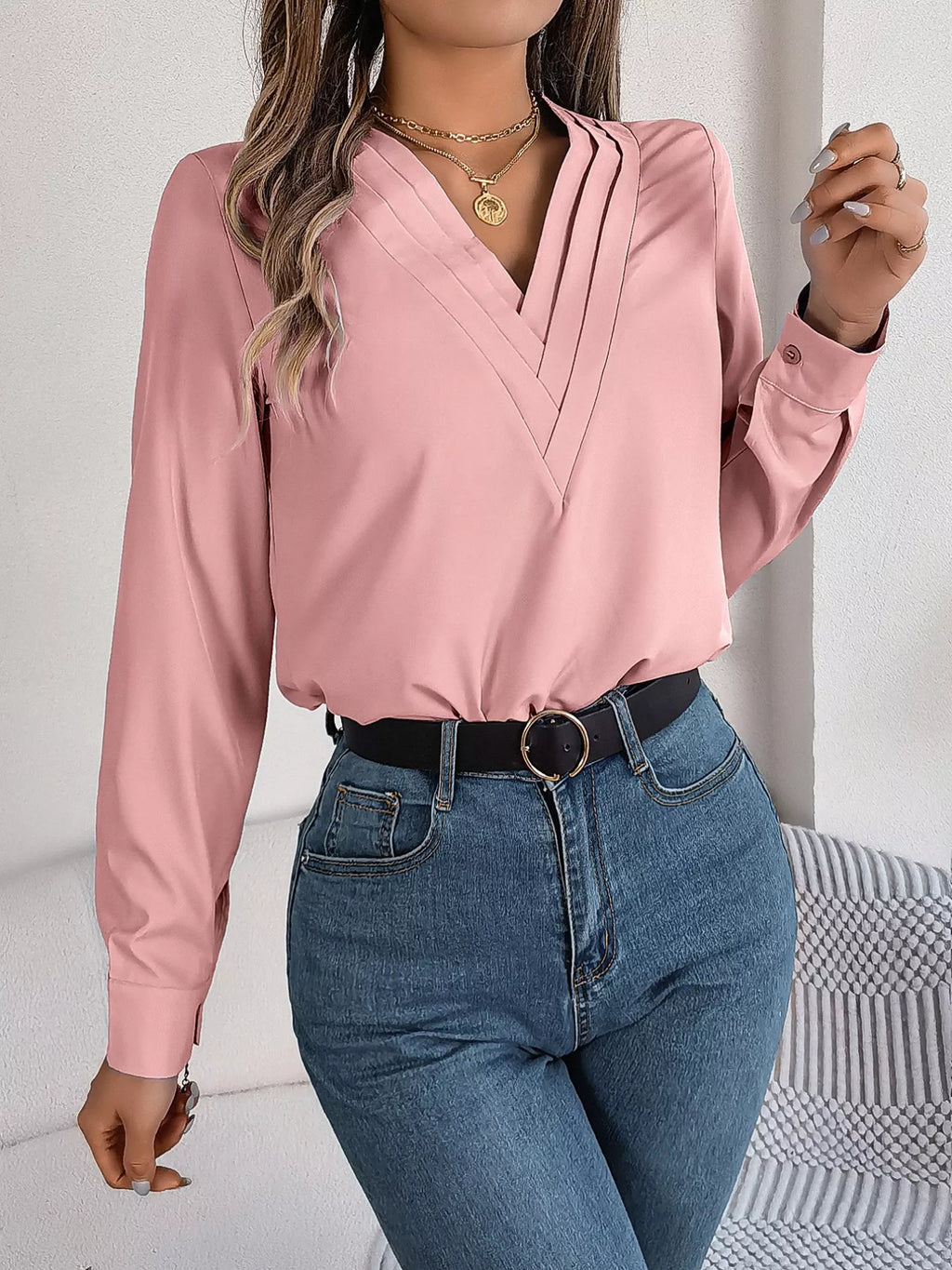Layered V-neck Long Sleeve Blouse (8)